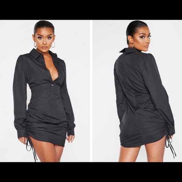 black ruched side fitted shirt dress Victory Black Ruched Side Lurex Long Sleeve Shirt Dress main image 0